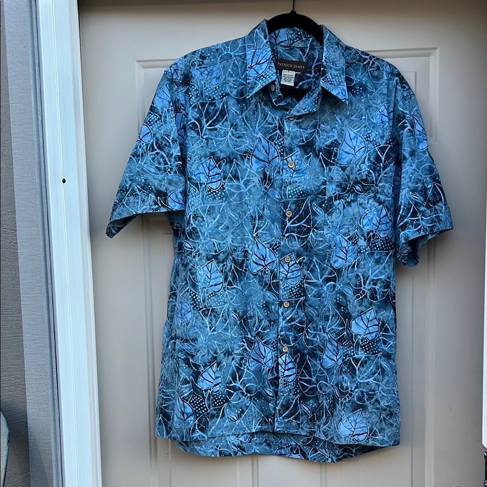 Patrick James Deep Blue Cotton Batik Shirt – Tropical Abstract Leaf Print